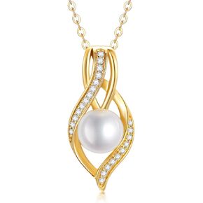 Solid 14K Gold Pearl Necklace for Women Freshwater Cultured Pearl Pendant Necklace with Moissanite Dainty Jewelry Anniversary for Wife, Mom, 16''-18''