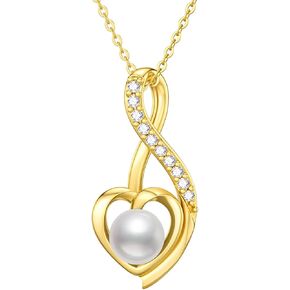 Solid 14K Gold Pearl Necklace for Women Freshwater Cultured Pearl Pendant Necklace with Moissanite Dainty Jewelry Anniversary for Wife, Mom, 16''-18''