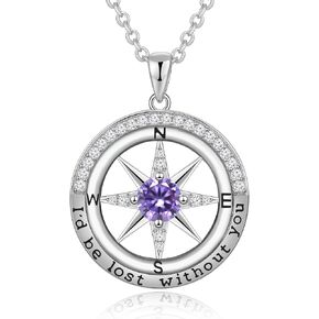 S925 Sterling Silver Necklace Gifts for Wife Anniversary Compass Necklace for Women,Wife Birthday Gift Ideas Birthstone Jewelry for Her,Girlfriend Gifts Pendant Necklace for Christmas Valentines Day I'd be Lost Without You