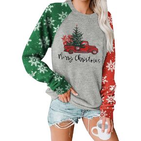Merry Christmas Sweatshirt for Women Christmas Tree Plaid Tops Raglan Long Sleeve Snowflake Letter Print Holiday Shirts