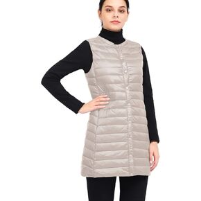 ELFJOY Long Puffer Vest Lightweight Womens Vests Outerwear Button Round Neck Sleeveless Long Down Vest No Collar