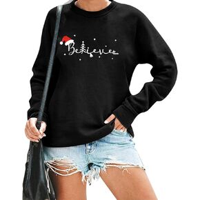 FASHGL Believe سويت شيرت نسائي مضحك بقبعة عيد الميلاد وبلوزة جرافيك كاجوال بأكمام طويلة بلوفر عيد الميلاد وقمصان العطلات in Kuwait
