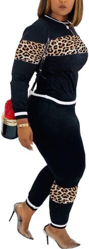CQWL 2 Piece Outfits for Women Leopard Stitching Tracksuit Outfits,Long Sleeve Casual Sweatpants Suit in Kuwait
