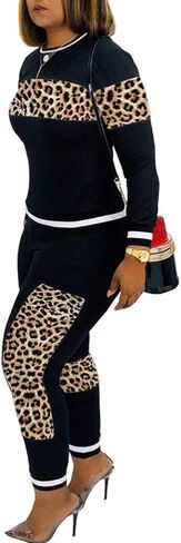 CQWL 2 Piece Outfits for Women Leopard Stitching Tracksuit Outfits,Long Sleeve Casual Sweatpants Suit in Kuwait