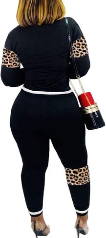 CQWL 2 Piece Outfits for Women Leopard Stitching Tracksuit Outfits,Long Sleeve Casual Sweatpants Suit in Kuwait