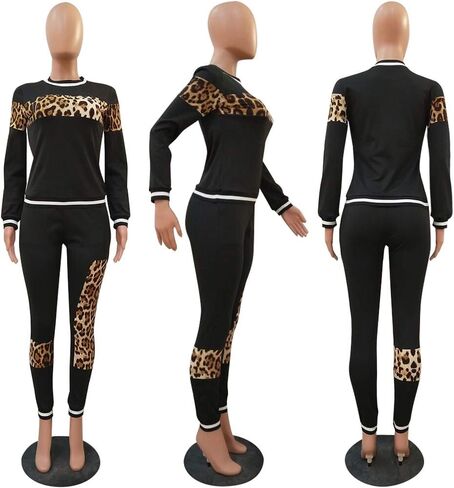 CQWL 2 Piece Outfits for Women Leopard Stitching Tracksuit Outfits,Long Sleeve Casual Sweatpants Suit in Kuwait