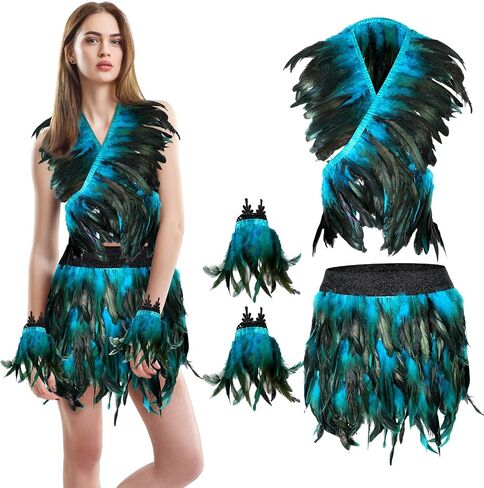 4 Pcs Halloween Gothic Costume Set Feather Shawl Shrug Feather Skirt Wrist Cuffs for Witch Queen Costume Outfit in Saudi Arabia