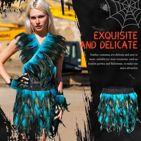 4 Pcs Halloween Gothic Costume Set Feather Shawl Shrug Feather Skirt Wrist Cuffs for Witch Queen Costume Outfit in Saudi Arabia