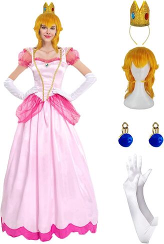 فستان Jiobabe Princess Peach المُصمم للنساء البالغات أزياء الهالوين Super Brothers Cosplay مع قفازات أقراط على شكل تاج شعر مستعار in Kuwait