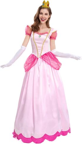 فستان Jiobabe Princess Peach المُصمم للنساء البالغات أزياء الهالوين Super Brothers Cosplay مع قفازات أقراط على شكل تاج شعر مستعار in Kuwait