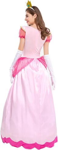 فستان Jiobabe Princess Peach المُصمم للنساء البالغات أزياء الهالوين Super Brothers Cosplay مع قفازات أقراط على شكل تاج شعر مستعار in Kuwait