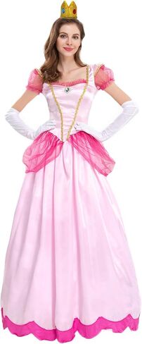 فستان Jiobabe Princess Peach المُصمم للنساء البالغات أزياء الهالوين Super Brothers Cosplay مع قفازات أقراط على شكل تاج شعر مستعار in Kuwait