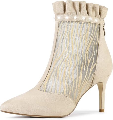 Allegra K Women's Mesh Heel Boots Stiletto Heels Ruffle Ankle Boots in Kuwait