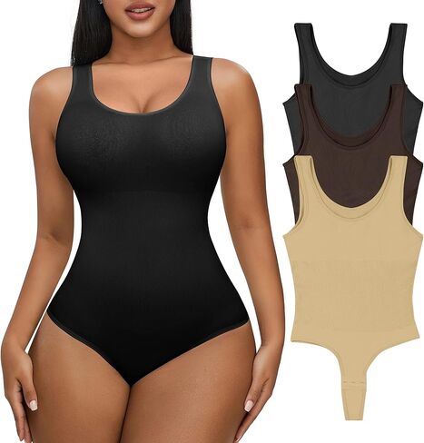 Hioffer 3 قطع ملابس داخلية للنساء للتحكم في البطن ثونغ كامل الجسم المشكل ملابس داخلية نحيفة بدون أكمام رقبة مستديرة in Kuwait