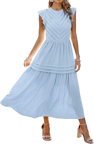 فستان ماكسي صيفي نسائي من Angashion فستان كاجوال بياقة دائرية وأكمام قصيرة سويسرية منقط تيرد مطوي ومتين طويل فستان الشمس المتزلج in Kuwait