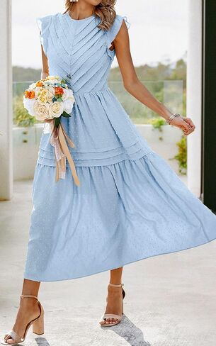 فستان ماكسي صيفي نسائي من Angashion فستان كاجوال بياقة دائرية وأكمام قصيرة سويسرية منقط تيرد مطوي ومتين طويل فستان الشمس المتزلج in Kuwait