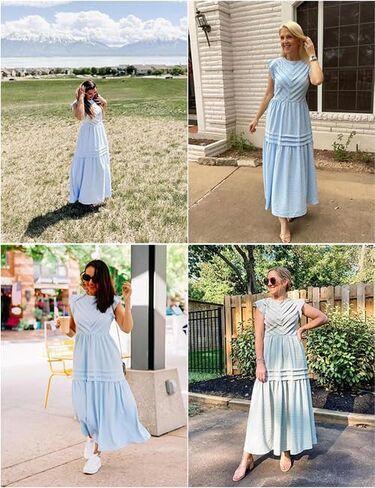 فستان ماكسي صيفي نسائي من Angashion فستان كاجوال بياقة دائرية وأكمام قصيرة سويسرية منقط تيرد مطوي ومتين طويل فستان الشمس المتزلج in Kuwait