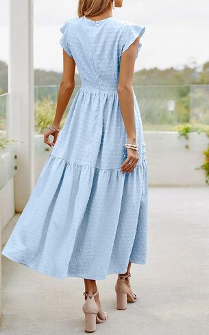 فستان ماكسي صيفي نسائي من Angashion فستان كاجوال بياقة دائرية وأكمام قصيرة سويسرية منقط تيرد مطوي ومتين طويل فستان الشمس المتزلج in Kuwait