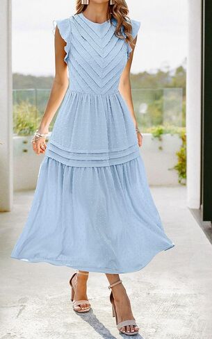 فستان ماكسي صيفي نسائي من Angashion فستان كاجوال بياقة دائرية وأكمام قصيرة سويسرية منقط تيرد مطوي ومتين طويل فستان الشمس المتزلج in Kuwait