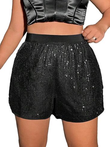 Verdusa Women's Plus Size Sequin Elastic High Waist Glitter Track Shorts in Saudi Arabia