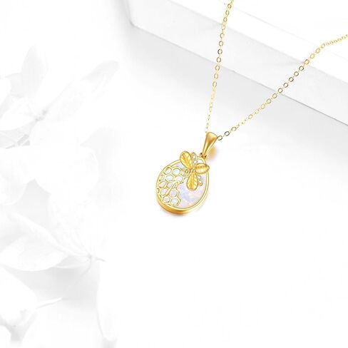 DOVRAN 14K Solid Yellow Gold Bee Necklace Jewelry for Women Queen Bee Pendant Honeycomb Crown Birthday Gift for Her Wife in Kuwait