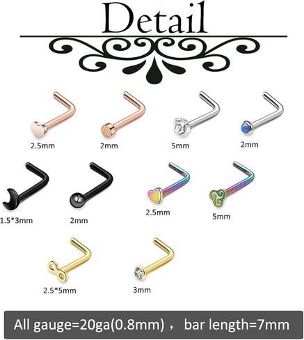 AllerPierce 20G Nose Rings Set L Shaped Nose Studs Nose Screw Hypoallergenic Tragus Cartilage Nose Ring Hoop Stainless Steel Nose Piercing Jewelry for Men Women in Kuwait