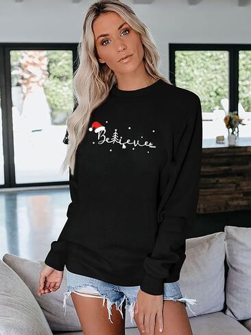 FASHGL Believe سويت شيرت نسائي مضحك بقبعة عيد الميلاد وبلوزة جرافيك كاجوال بأكمام طويلة بلوفر عيد الميلاد وقمصان العطلات in Kuwait