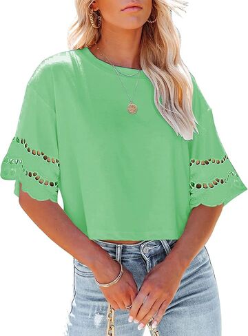 Yuccalley Women's Lace Short Sleeve Crop Tops Summer Casual Round Neck Tees in Saudi Arabia
