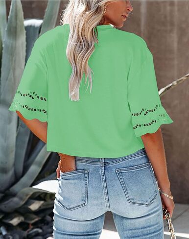 Yuccalley Women's Lace Short Sleeve Crop Tops Summer Casual Round Neck Tees in Saudi Arabia