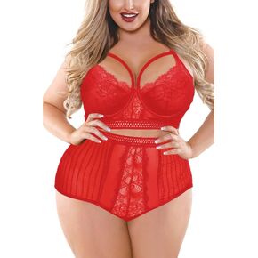 EVELUST Women's Plus Size Lingerie with Underwire, Sexy Lace Up Drawstring Strappy Eyelash Lace Cup & High Waist Panty Set