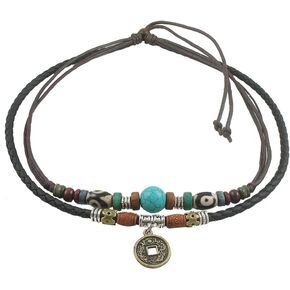 Braided Leather Necklace Vintage Style Double Layers Black Tribal Necklace with Charm Cross Pendant