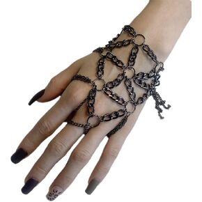 Asphire Gothic Metal Bracelet with Finger Ring Chain Tassel Braided Mesh Punk Slave Bracelet Cosplay Party Harness Bracelet for Festival Costume Hand Jewelry Accessories