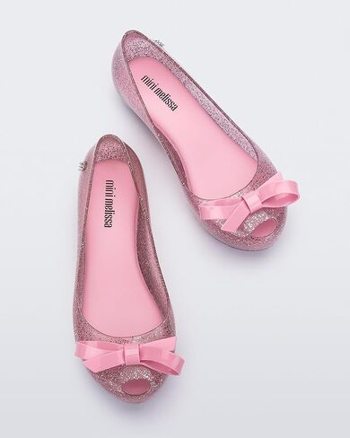 mini melissa Ultragirl with Bow Ballet Flats for Girls- Comfortable & Cute Peep Toe Jelly Flat Shoes with Transparent Upper and Small Bow for Kids, Glitter Pink, 13 in Saudi Arabia