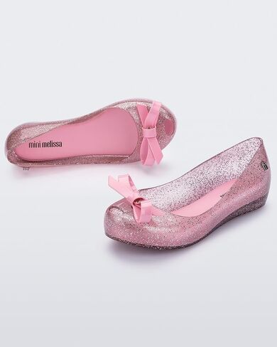 mini melissa Ultragirl with Bow Ballet Flats for Girls- Comfortable & Cute Peep Toe Jelly Flat Shoes with Transparent Upper and Small Bow for Kids, Glitter Pink, 13 in Saudi Arabia
