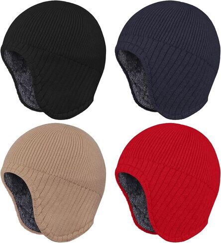 Apoway 4 Pack Winter Warm Earflap Hat Thick Fleece Lined Beanie with Ear Cover Stretchy Watch Skull Cap for Men Women in Saudi Arabia