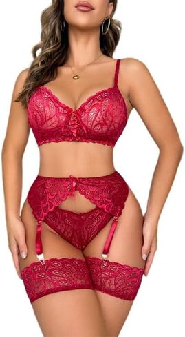 SNATROY Lingerie Sets for Women 4 Piece Garter Lingerie Sexy Bra and Panty Sets Boudoir Strappy Lingerie in Saudi Arabia
