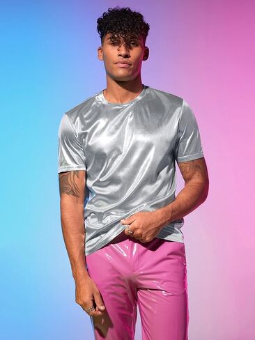 GORGLITTER Men's Metallic Round Neck Tee Short Sleeve Casual T Shirt in Saudi Arabia
