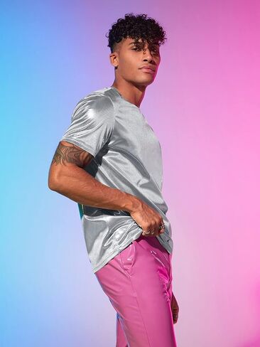 GORGLITTER Men's Metallic Round Neck Tee Short Sleeve Casual T Shirt in Saudi Arabia