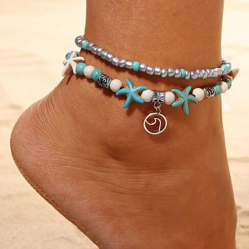 خلخال Deicicp الساحر على شكل نجمة البحر البوهيمية باللون الفيروزي - مجوهرات رائعة مصنوعة يدويًا، تضيف سحرًا آسرًا إلى أزياء الصيف الخاصة بك. مثالي للعطلات والشاطئ والحفلات (الموجة) in Kuwait