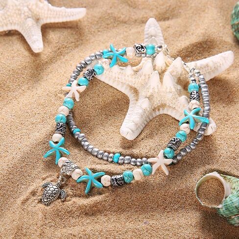 خلخال Deicicp الساحر على شكل نجمة البحر البوهيمية باللون الفيروزي - مجوهرات رائعة مصنوعة يدويًا، تضيف سحرًا آسرًا إلى أزياء الصيف الخاصة بك. مثالي للعطلات والشاطئ والحفلات (الموجة) in Kuwait