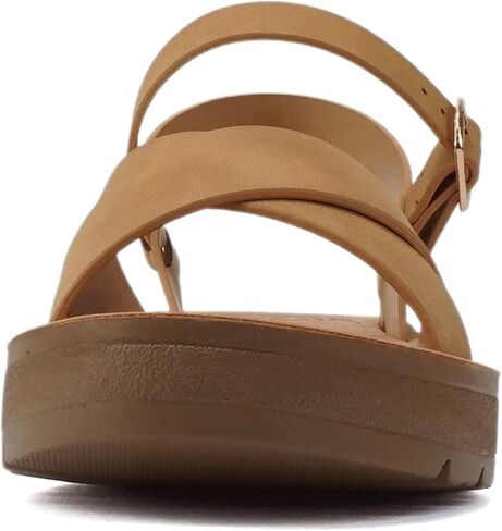 Soda CHESTER ~ Women Flat Sandals Flatform Ankle Buckle Criss Cross Band Straps Sandals Shoes (Gold Raffia, 5.5) in Saudi Arabia