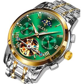 OLEVS Automatic Mechanical Men Watch Green Face Moon Phase Stainless Steel Dress Fashion Business Luminous Waterproof Date Week Male Wrist Watch in Saudi Arabia