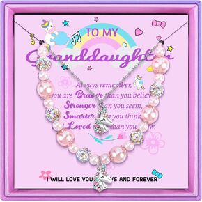 قلادة OLIKER يونيكورن للحفيدة/ابنة الأخت | سوار من اللؤلؤ الوردي وحجر الراين | طول قابل للتعديل | مناسبة لهدايا عيد الميلاد وأعياد الميلاد in Kuwait