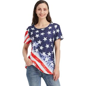 INEOYIYA 4th of July Shirts Women American Flag Patriotic T Shirt Cold Shoulder Stars Stripes Short Sleeve Top Tees