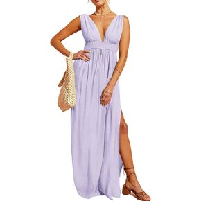 R.Vivimos Boho Dress for Women Sexy Deep V Neck Sleeveless Hollow Out Backless Casual Side Slit Maxi Dress in Kuwait