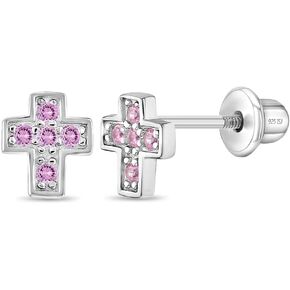 925 Sterling Silver Cubic Zirconia Little Cross Screw Back Earrings for Toddlers & Young Girls - Religious Jewelry Gift for Christening and Baptism - Safety Stud for Little Girls in Saudi Arabia