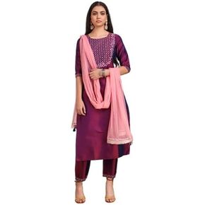 DREAMANGEL FASHION Womens Art Silk Embroidered Kurta Trouser and Dupatta in Kuwait
