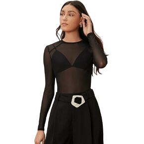 SweatyRocks Women's Long Sleeve Mock Neck Angel Print Sexy Sheer Mesh Crop Top