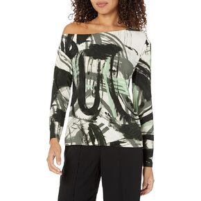 NORMA KAMALI Women's Long Sleeve Drop Shoulder TOP, Graffiti, S