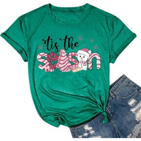 Tis The Season Shirts for Women Christmas Shirt Cute Snowman Christmas Tree Cakes Graphic Tees Winter Tops